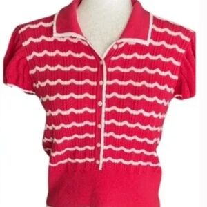 Anthropologie Maeve Knit Polo Shirt S Red White Striped Puff Sleeve Collared